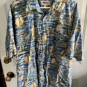 Vintage CAMPIA Tropical Sailboat Hawaiian Shirt - Blue, Tan, Green Sz XL